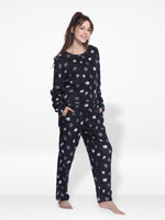 Women's Micro Polar Fleece Cute Cartoon Cat Print Crew Neck Long Sleeve Pyjama Set