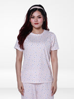 Women’s All Over Printed Short Sleeve Lounge Top | Soft Stretch Yummy Rib Fabric | Crew Neck Casual Sleepwear & Loungewear Top - LT.Pink