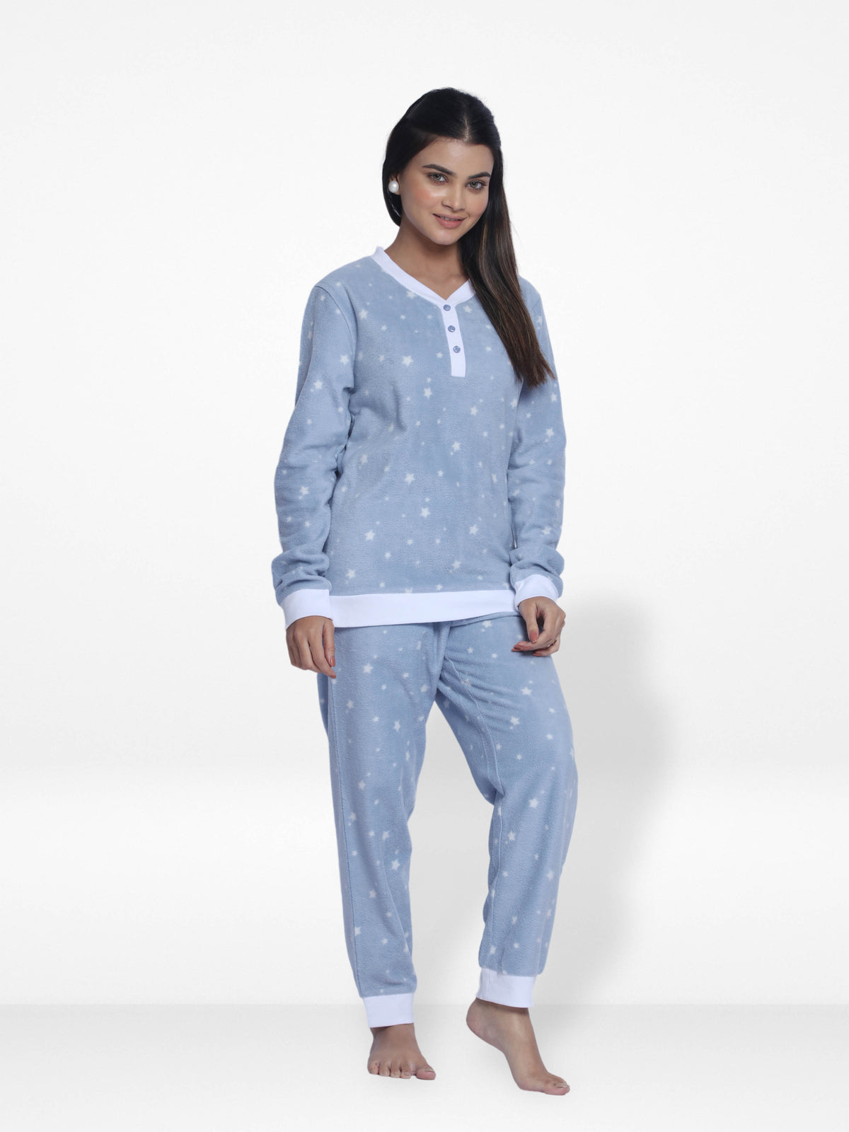 Women Micro Polar Fleece Sleepwear Long Sleeve Blue Star printed Pyjama Set