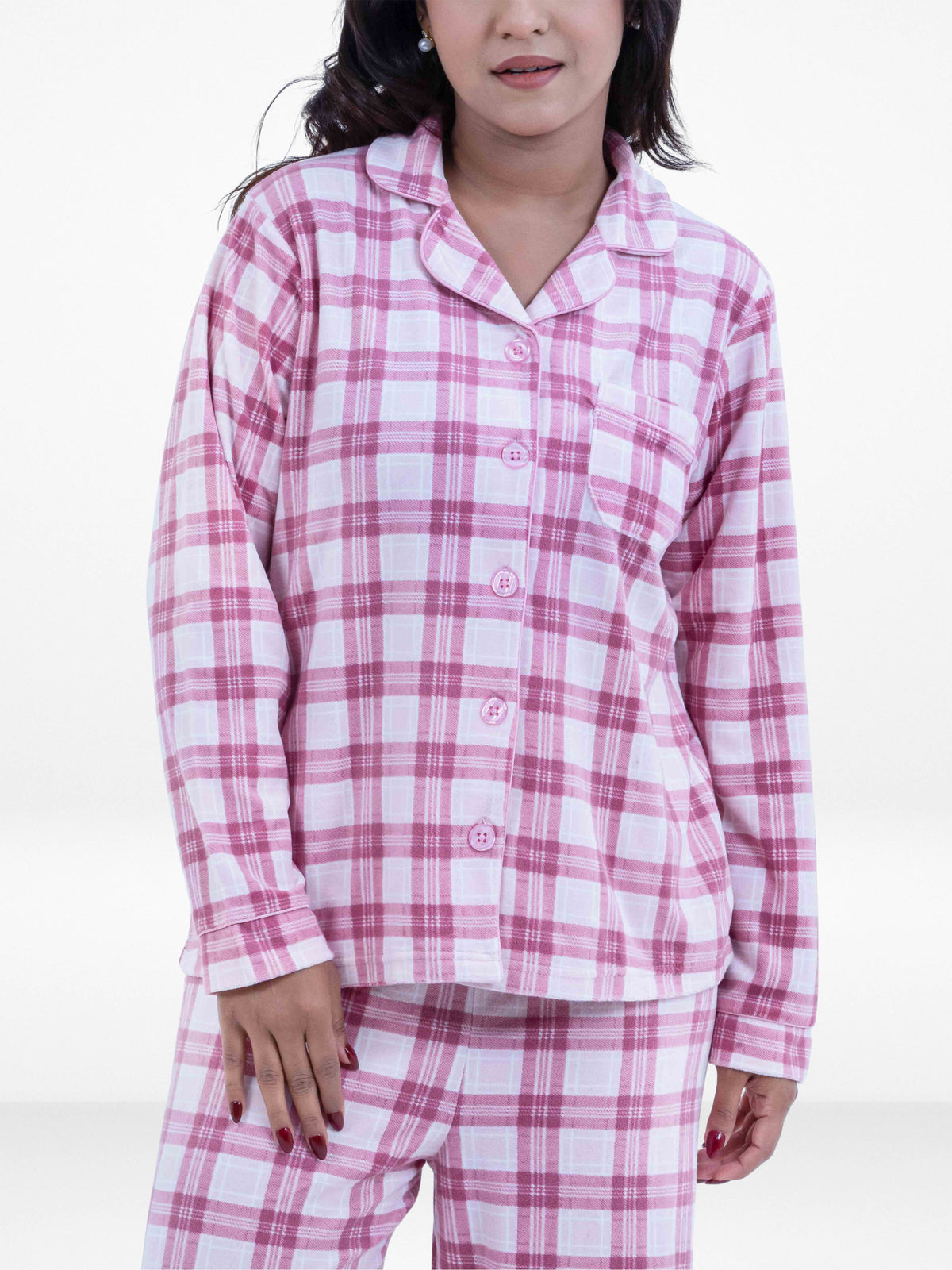Women's All Over Check printed Pyjama Set , Valour Long Sleeve Notch-Collar 2-Piece Sleepwear, Soft & Warm Nightwear