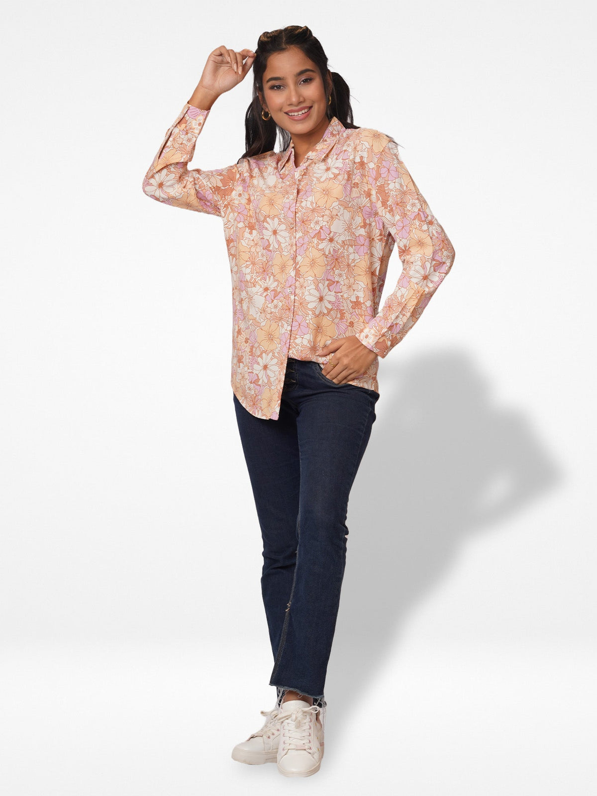 Women Pink Floral All Over Print Long Sleeve Shirt