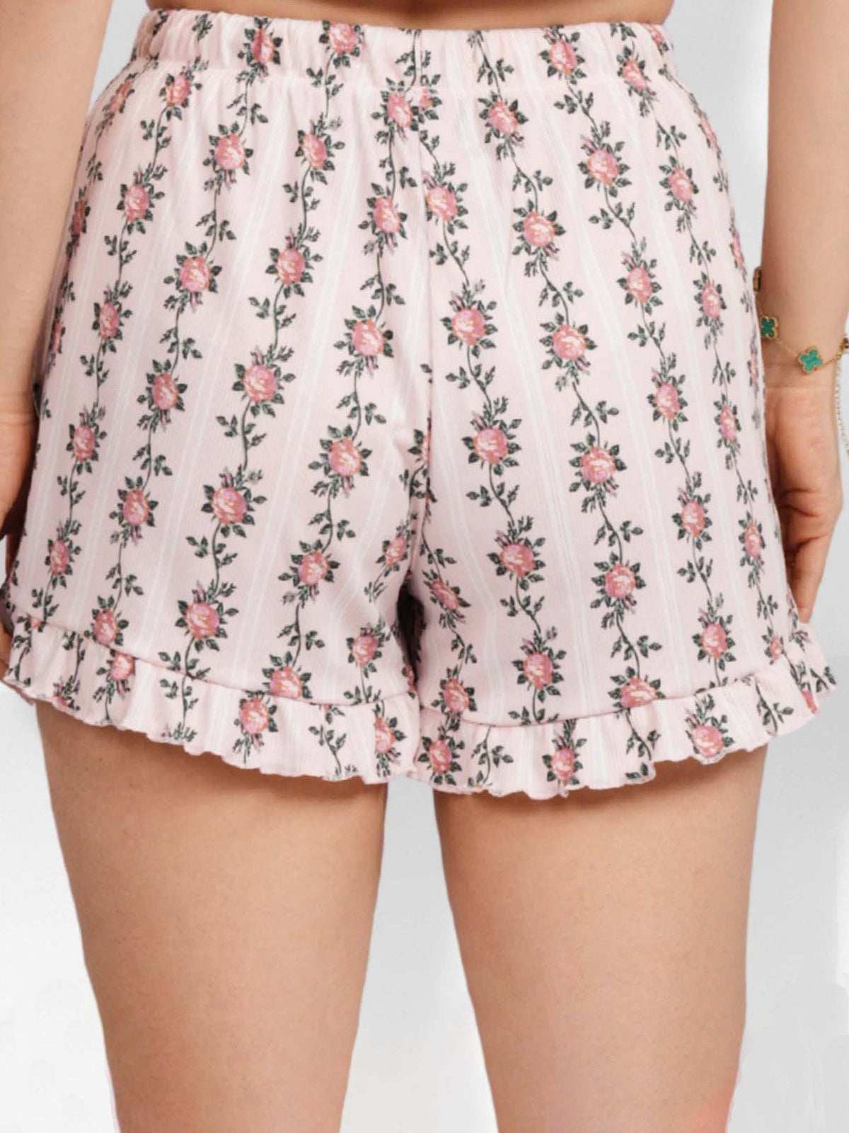 Womens All Over Printed Frill Height Style Bottom Shorts for Trendy Casual Wear - Blushing Bride Rose
