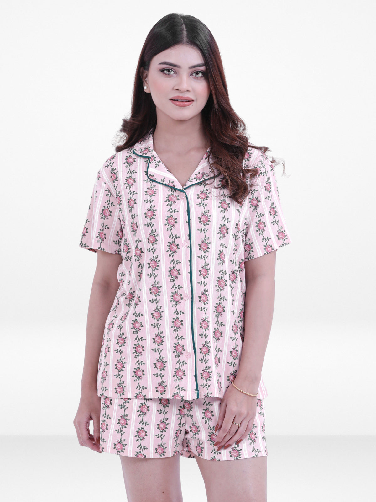 Women’s Notch Collar Sleepwear Set – Short Sleeve All Over Print Pajama Top & Shorts, Soft Comfortable Nightwear