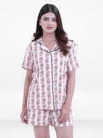 Women’s Notch Collar Sleepwear Set – Short Sleeve All Over Print Pajama Top & Shorts, Soft Comfortable Nightwear