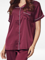 Satin Pajama Set for Women - Contrast Piping, Notch Collar, Button Down, Short Sleeve Long Pant