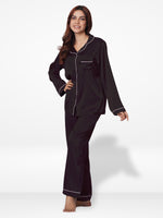 Satin Pajama Set for Women - Contrast Piping, Notch Collar, Button Down, Long Sleeve & Long Pant