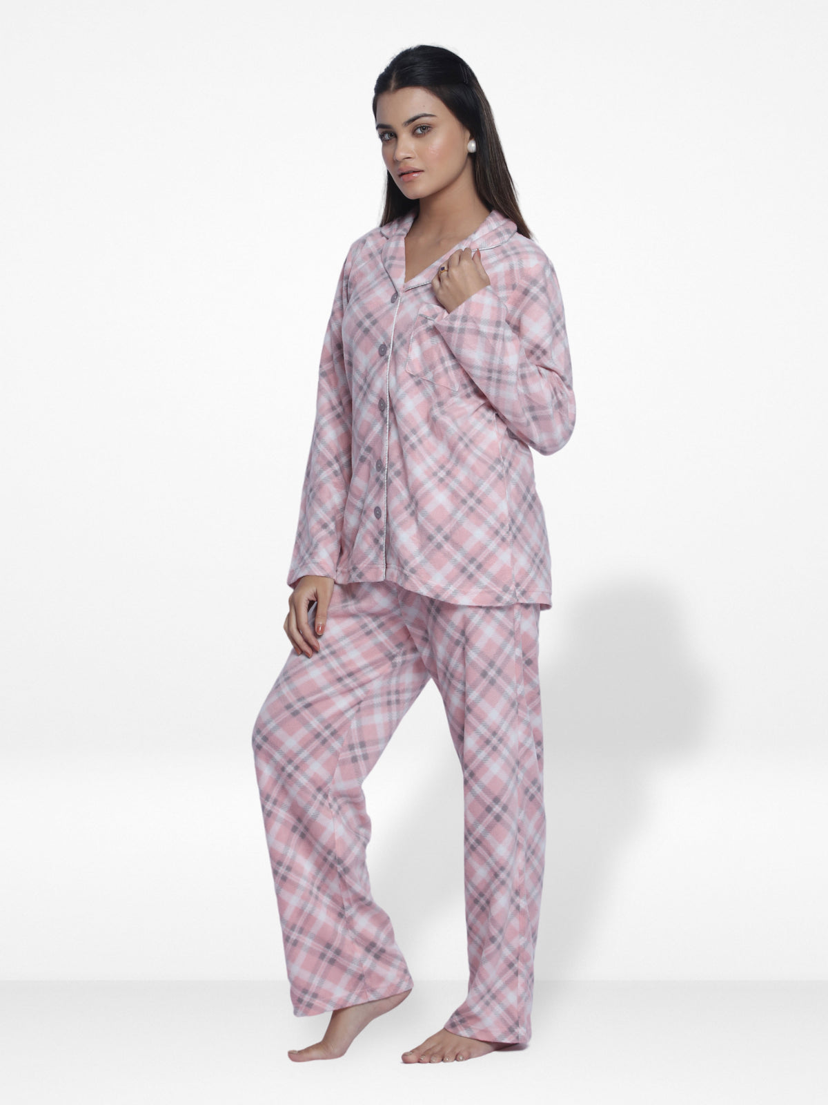 Women Micro Polar Fleece light pink check print Sleepwear Long Sleeve Pyjama Set