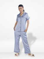 Satin Pajama Set for Women - Contrast Piping, Notch Collar, Button Down, Short Sleeve Long Pant