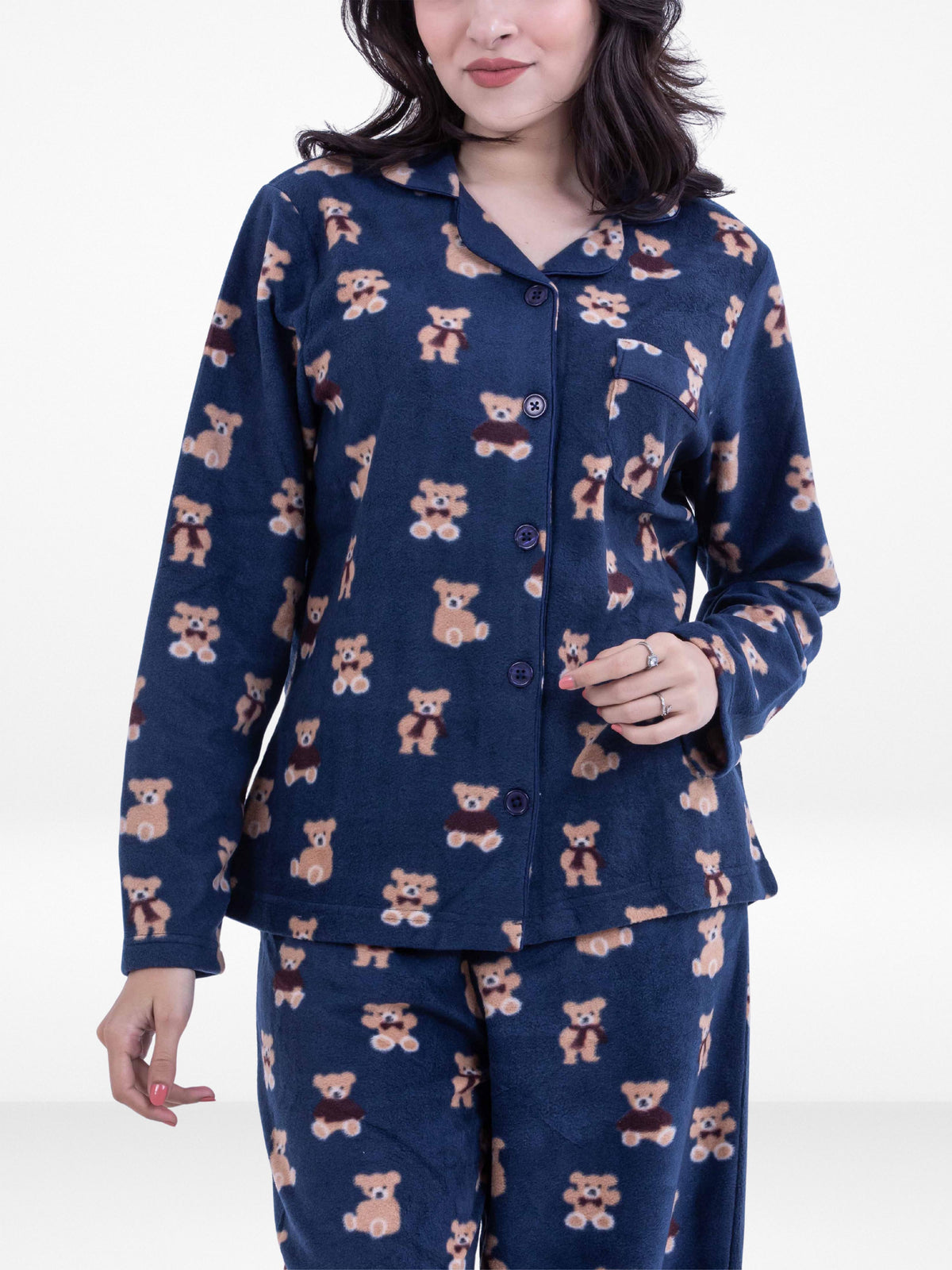 Women’s Teddy Bear Printed Pyjama Set – Micro Polar Fleece Long Sleeve Sleepwear Notch-Collar, Soft & Cozy 2-Piece Winter Nightwear