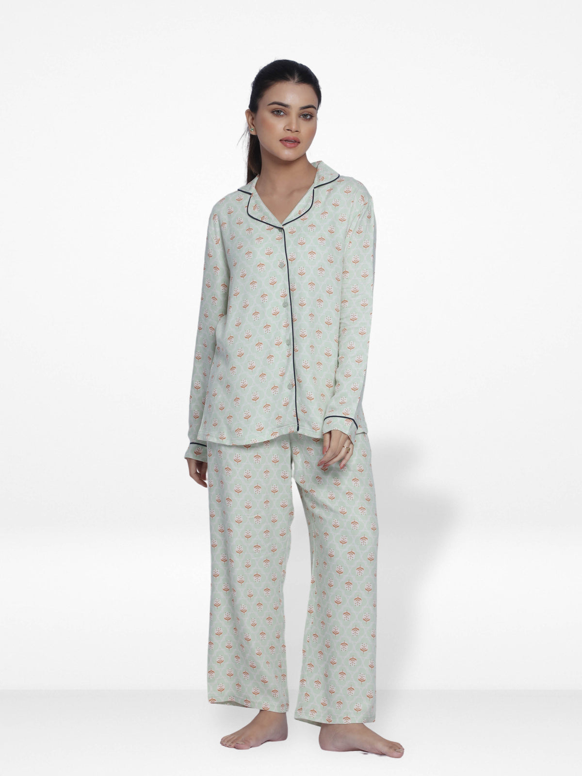 Women Light GreenSleepwear Long Sleeve Pyjama Set