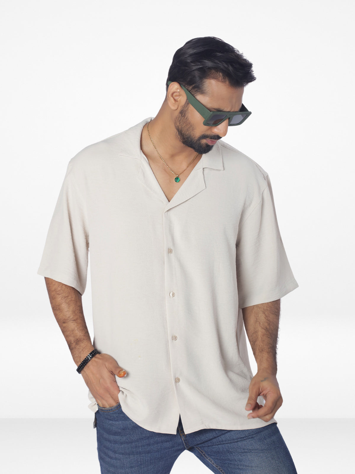 Men's Half-Sleeve Relaxed-Fit Casual Cuban Collar Shirt| BEIGE