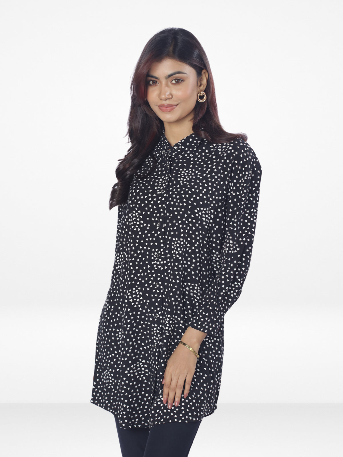 Women Harts Dot Printed Long Top| Black