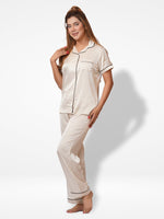 Satin Pajama Set for Women - Contrast Piping, Notch Collar, Button Down, Short Sleeve Long Pant