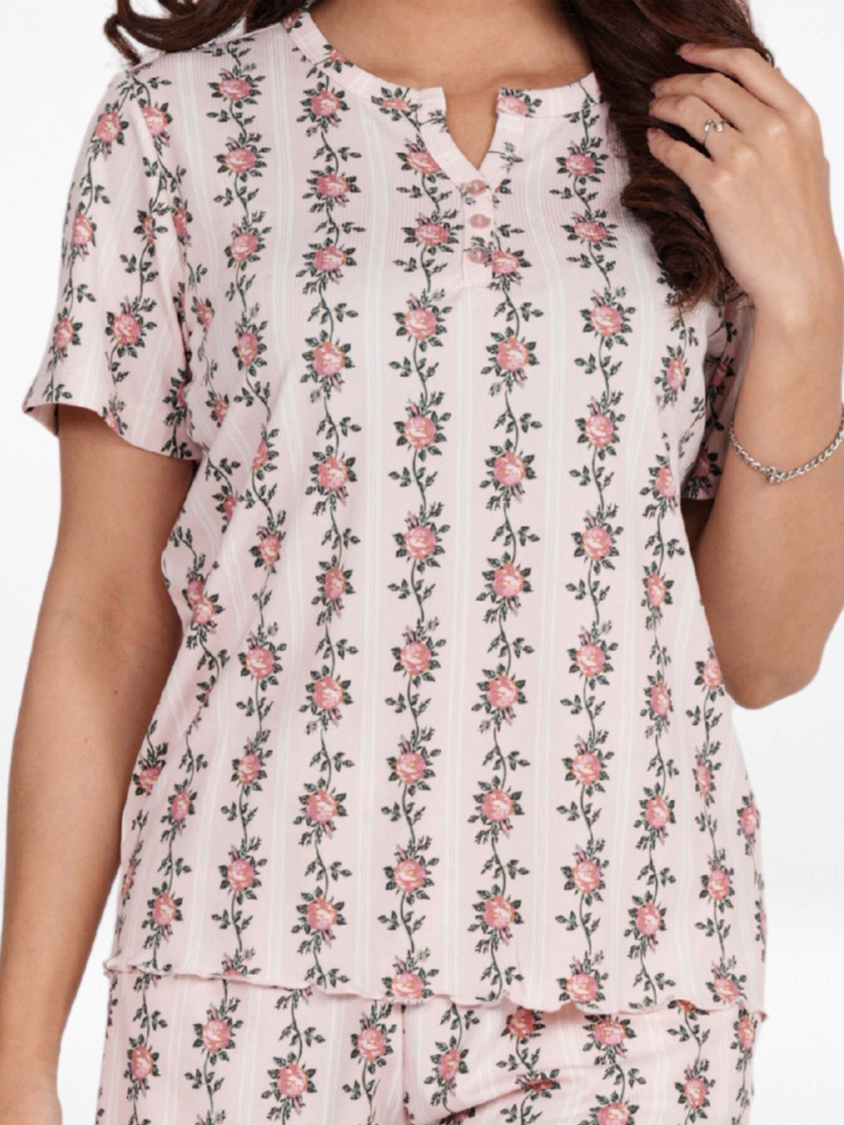 Women’s Henley Short Sleeve Pajama Top | Printed Sleepwear Shirt | Soft Stretch Yummy Rib Fabric | Casual Lounge Top for Women - Blushing Bride Rose