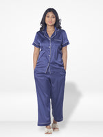 Satin Pajama Set for Women - Contrast Piping, Notch Collar, Button Down, Short Sleeve Long Pant