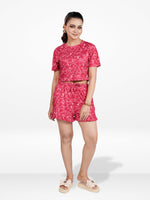 Women’s All Over Printed Crop Top Set – Crew Neck Half Sleeve Tee & Matching Bottom | Trendy Casual Two-Piece Wear