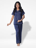 Satin Pajama Set for Women - Contrast Piping, Notch Collar, Button Down, Short Sleeve ; Long Pant