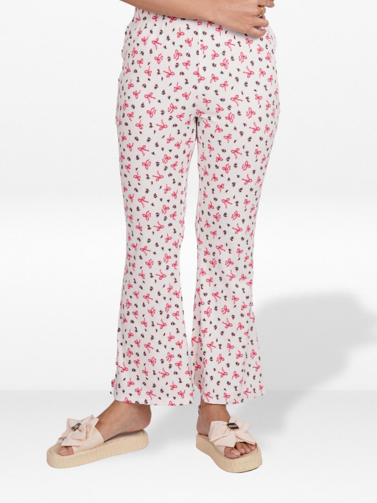 Women’s Printed Palazzo Pants | Wide Leg Lounge Trousers for Women | Soft Stretch Yummy Rib Fabric | Casual & Party Wear Bottoms - Egret