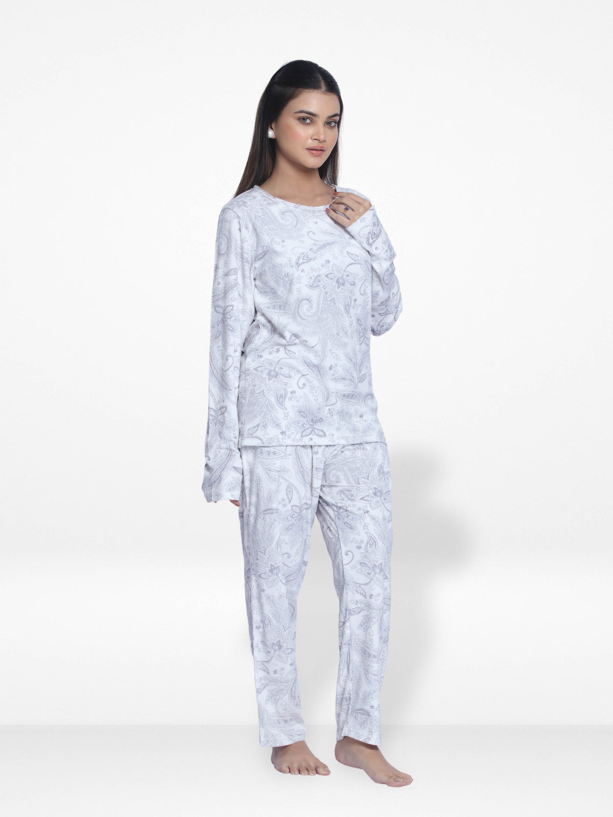 Women Velour Sleepwear Long Sleeve Pyjama Set White
