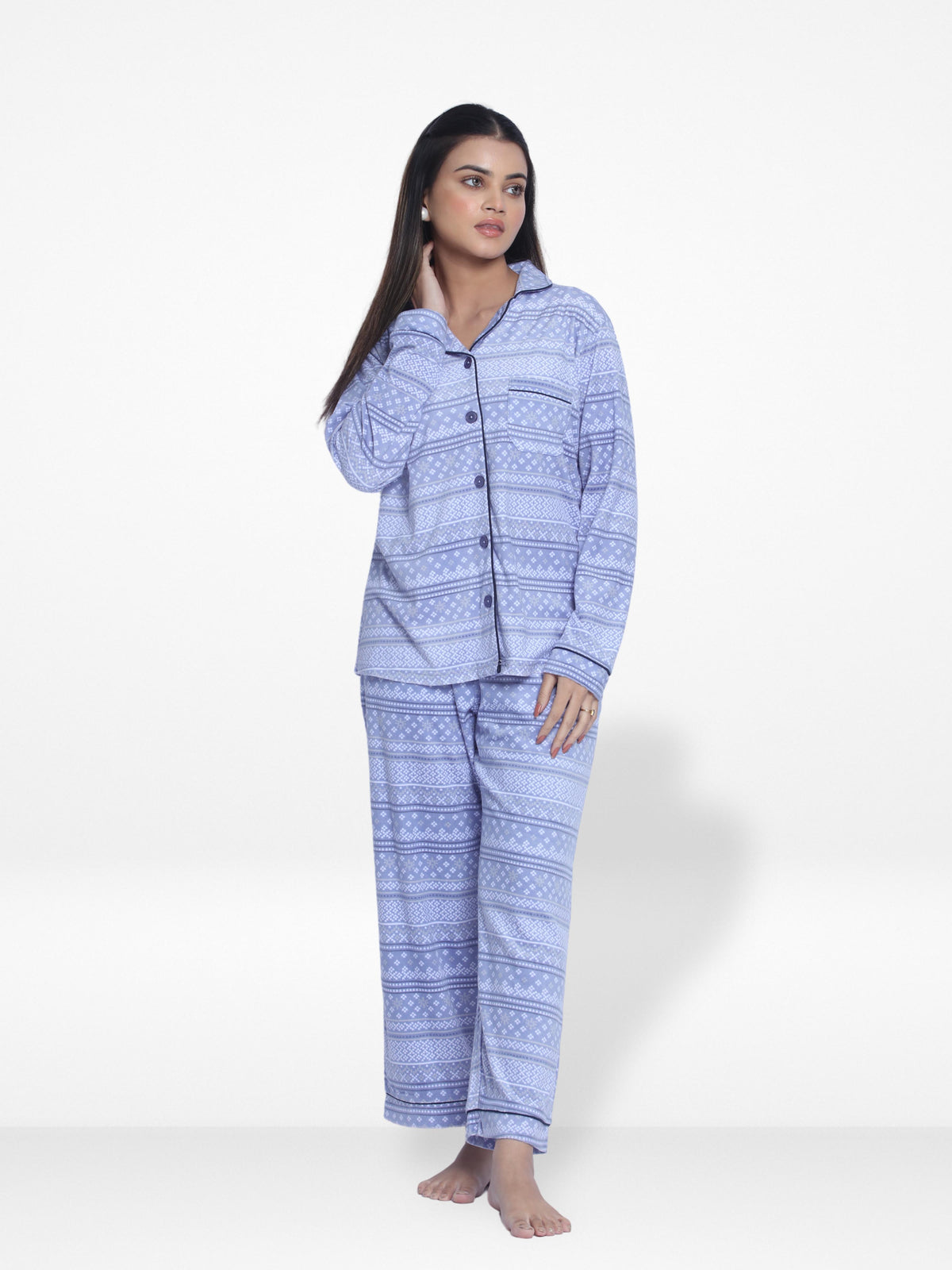 Women Velour Sleepwear Long Sleeve check print Pyjama Set
