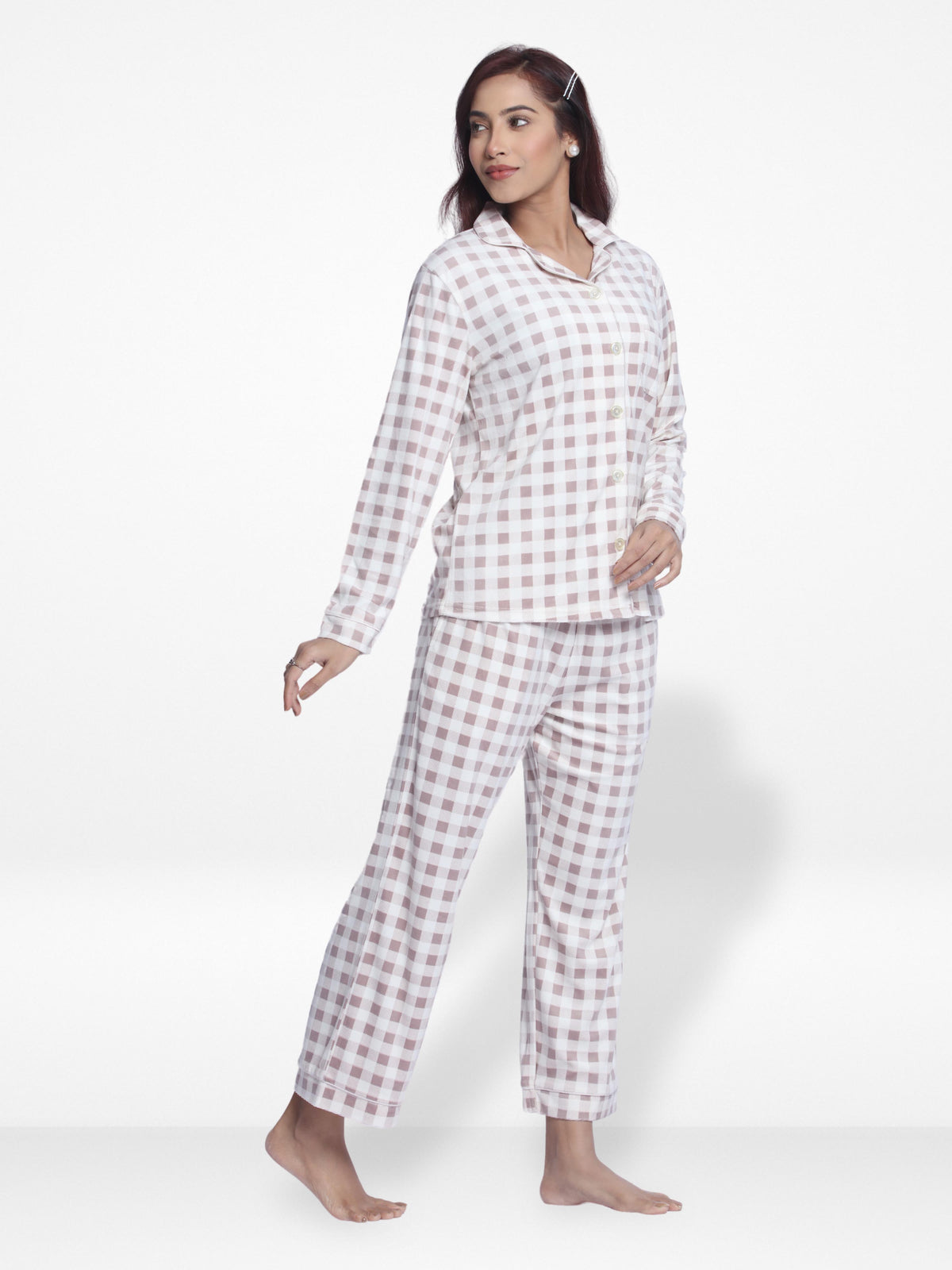 Women Velour Sleepwear Long Sleeve White Check Pyjama Set