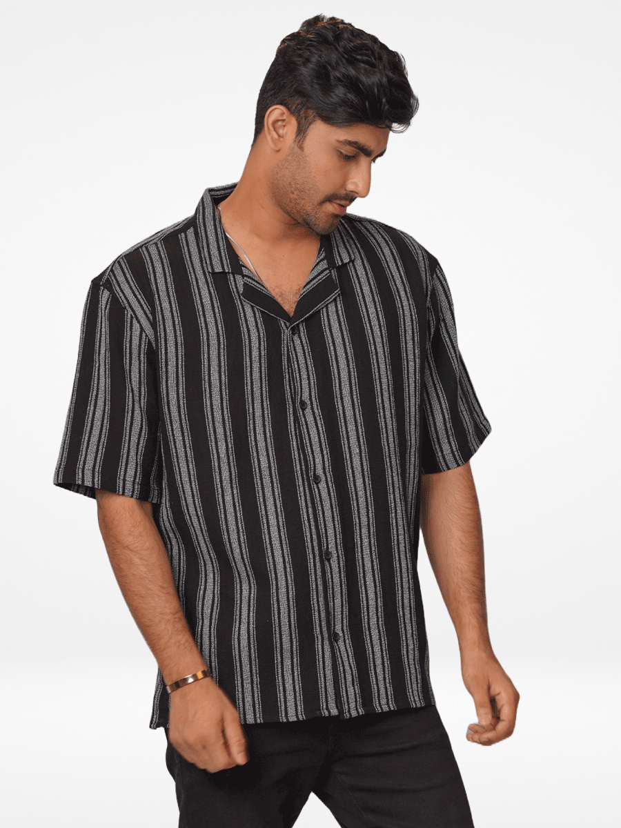 Men's Half-Sleeve Relaxed-Fit Casual Cuban Collar Shirt Black Stripes- INTEBLU