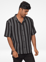 Men's Half-Sleeve Relaxed-Fit Casual Cuban Collar Shirt Black Stripes- INTEBLU
