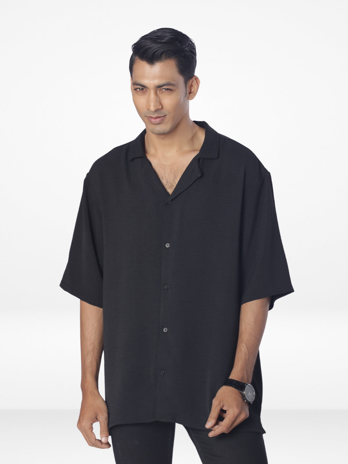 Men's Half-Sleeve Relaxed-Fit Casual Cuban Collar Shirt| BLACK