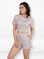 Women’s All Over Printed Crop Top Set – Crew Neck Half Sleeve Tee & Matching Bottom | Trendy Casual Two-Piece Wear