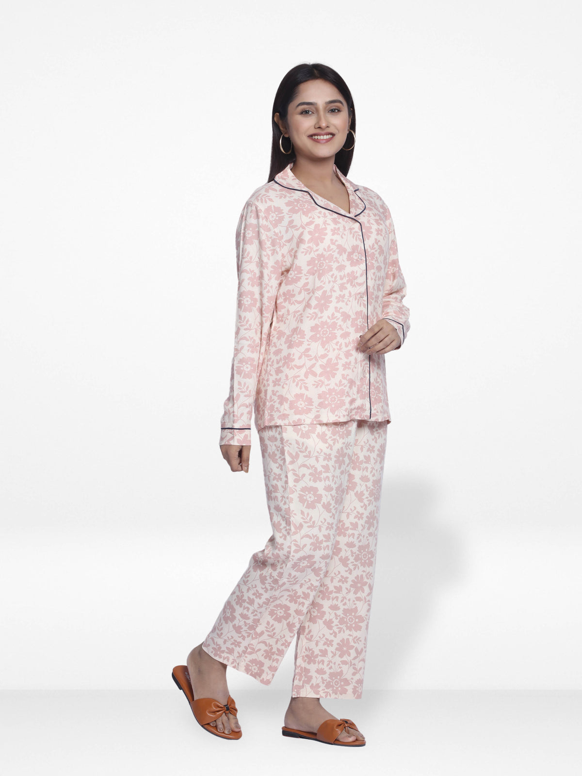 Women Warm Grey FloralSleepwear Long Sleeve Pyjama Set