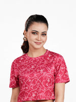 Womens All Over Printed Crop Top Crew Neck Half Sleeve Tee for Trendy Casual Wear - Crimson