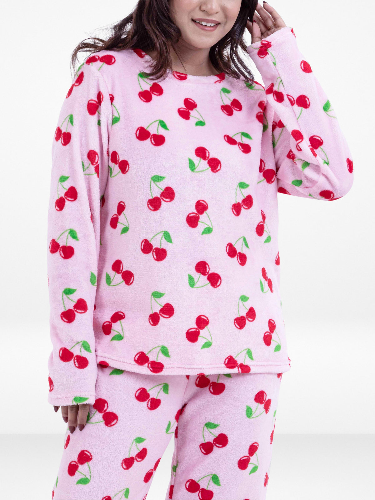 Women’s Cherry Printed Pyjama Set – Long Sleeve Top & Pants, Soft Comfortable Sleepwear, Cozy Winter Loungewear for Women