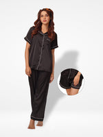 3pcs Women Satin Pajama Set. Contrast Piping, Notch Collar & Button Down - Inteblu™