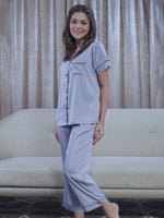 Satin Pajama Set for Women - Contrast Piping, Notch Collar, Button Down, Short Sleeve Long Pant