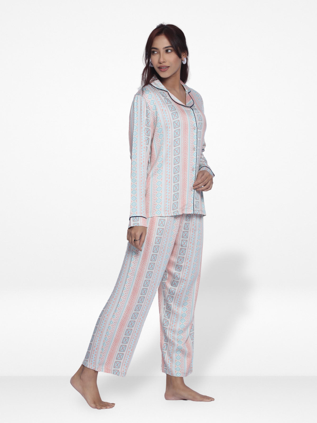 Women White MultistripSleepwear Long Sleeve Pyjama Set