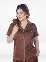 Satin Pajama Set for Women - Contrast Piping, Notch Collar, Button Down, Short Sleeve Long Pant