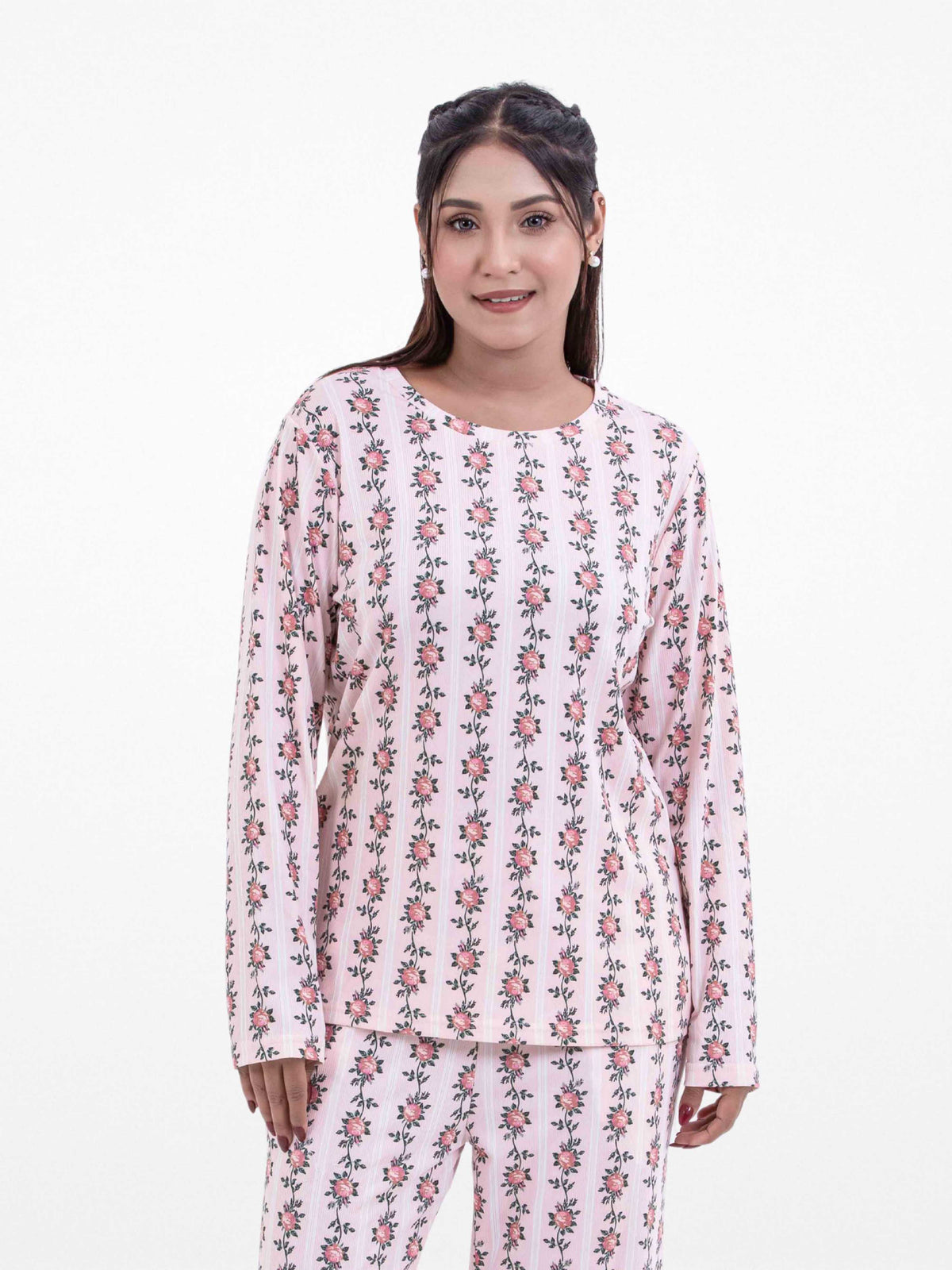 Women’s Long-Sleeve Crew Neck Pajama Top | All-Over Print Sleepwear Shirt | Soft & Stretchy Yummy Rib Fabric | Lounge Top - Blushing Bride Rose