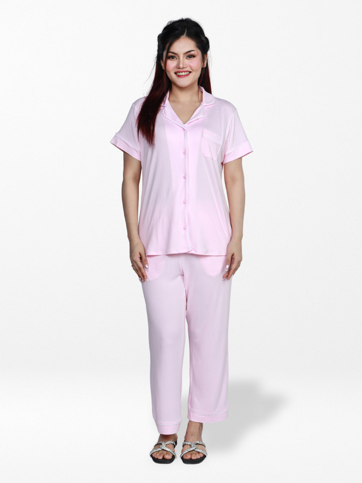 Women Solid Night Suit Set of Shirt & Pyjama, Night wear DressWomen’s Printed Night Suit Set – Shirt & Pyjama | Soft Nightwear Dress, 2 Piece Sleepwear for Women, Comfortable Loungewear