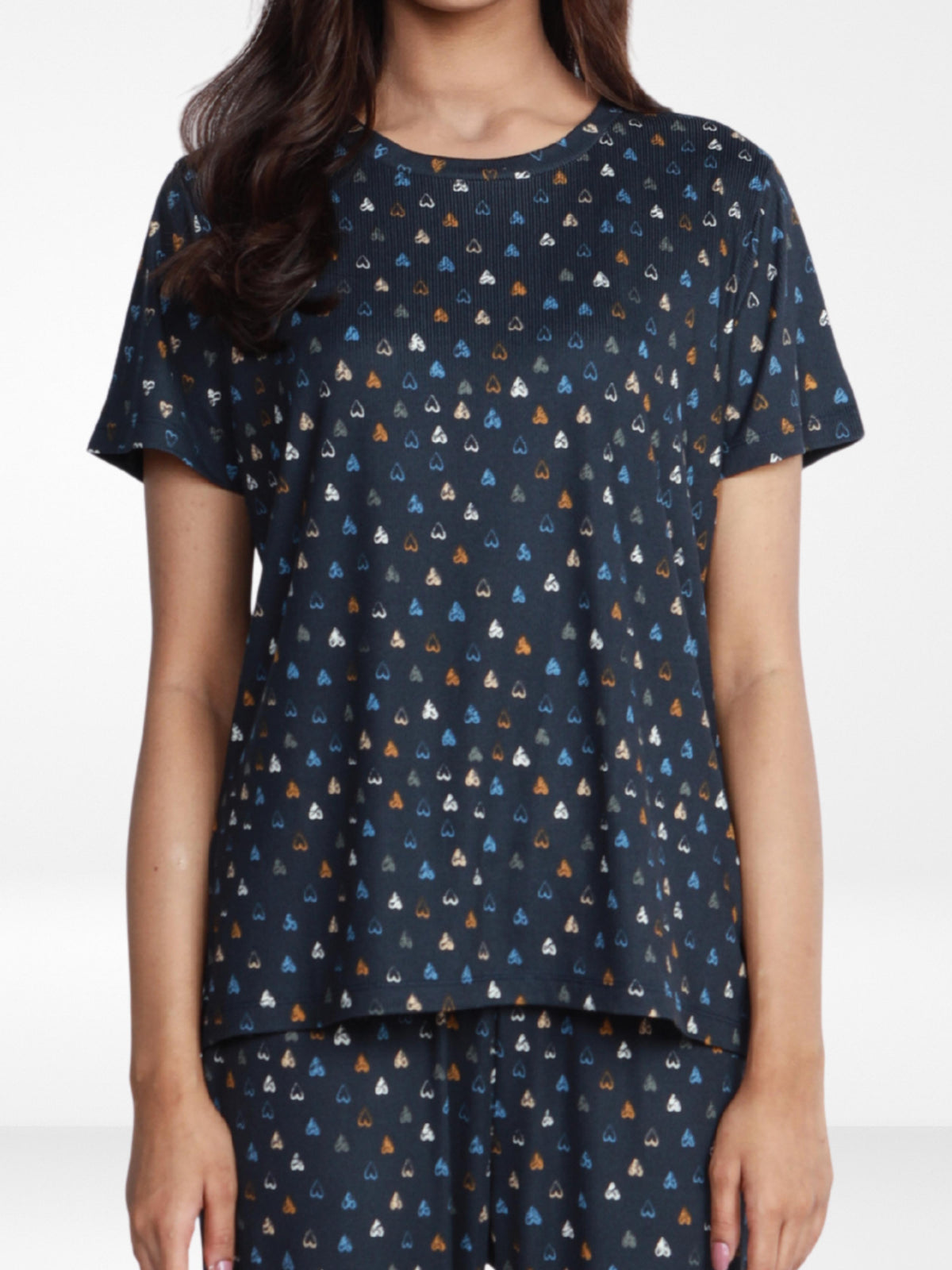 Women’s All Over Printed Short Sleeve Lounge Top | Soft Stretch Yummy Rib Fabric | Crew Neck Casual Sleepwear & Loungewear Top - Navy