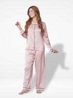 Satin Pajama Set for Women - Contrast Piping, Notch Collar, Button Down, Long Sleeve & Long Pant