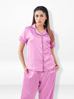 Satin Pajama Set for Women - Contrast Piping, Notch Collar, Button Down, Short Sleeve Long Pant