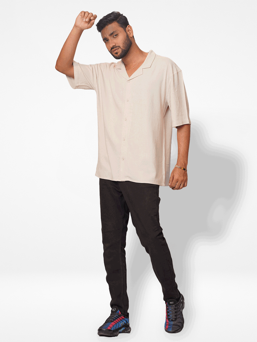 Men's Half-Sleeve Relaxed-Fit Casual Cuban Collar Shirt Beige