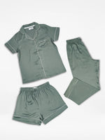 3pcs Women Satin Pajama Set. Contrast Piping, Notch Collar & Button Down.