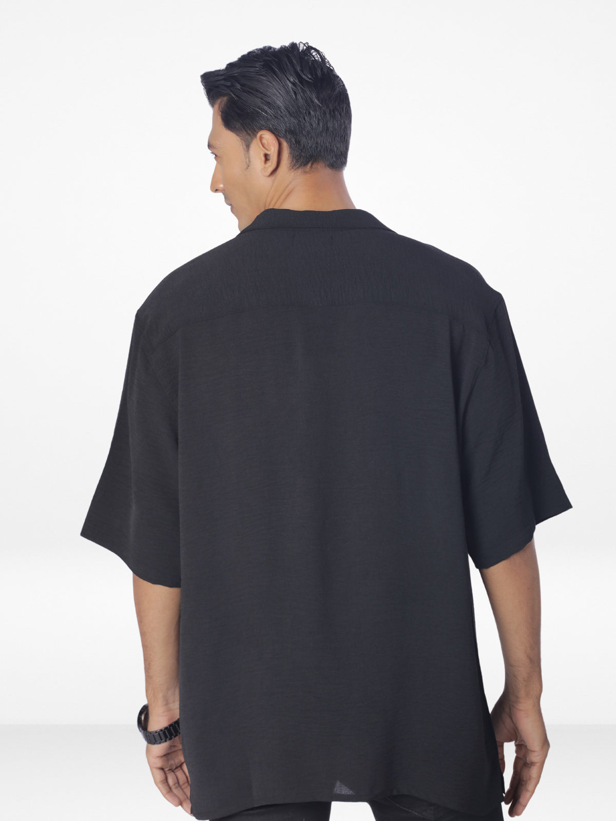 Men's Half-Sleeve Relaxed-Fit Casual Cuban Collar Shirt| BLACK