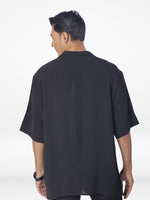 Men's Half-Sleeve Relaxed-Fit Casual Cuban Collar Shirt| BLACK