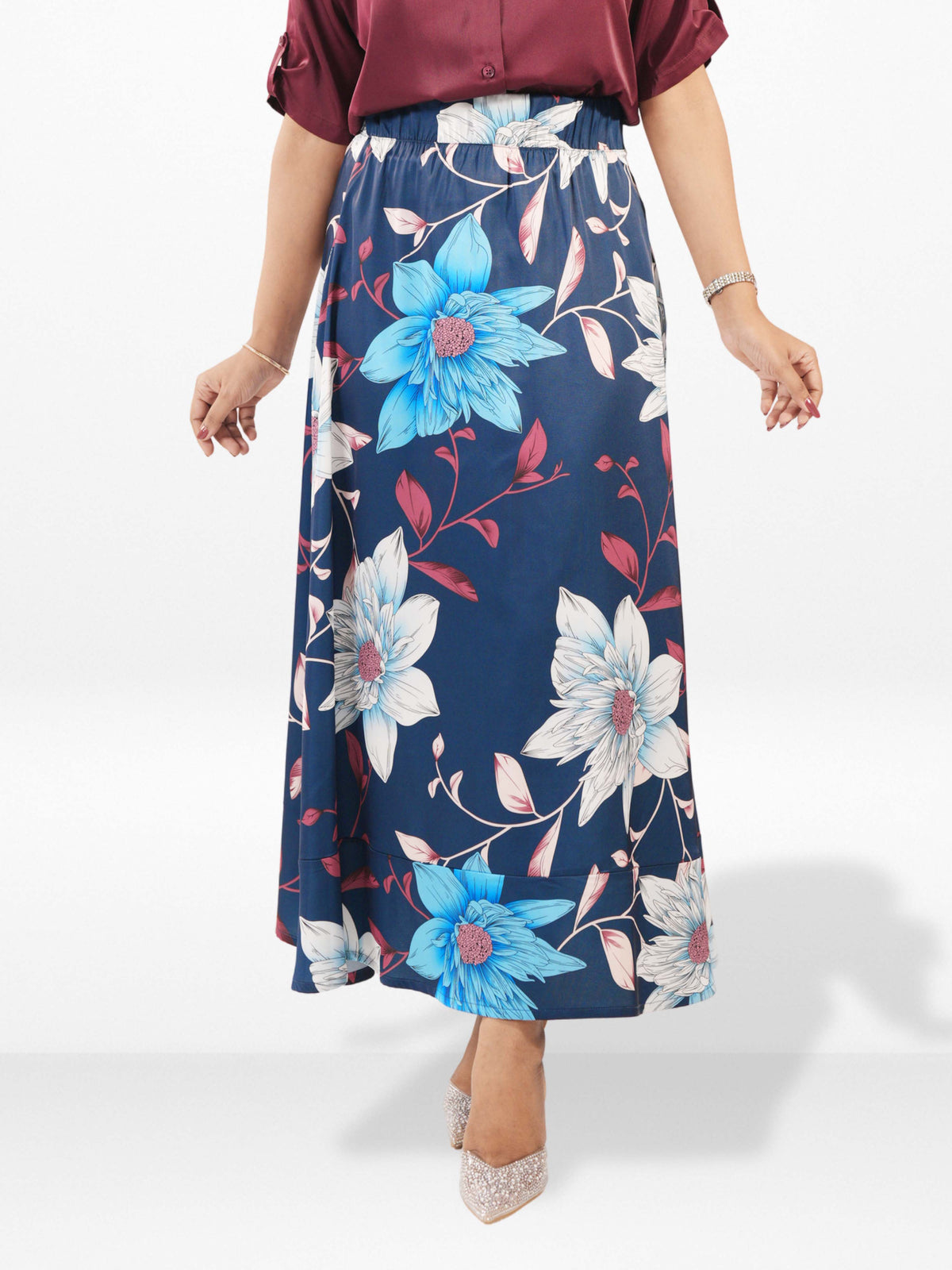 Women’s All Over Printed Maxi Skirt – Summer Pleated High Waist Casual Long Skirt