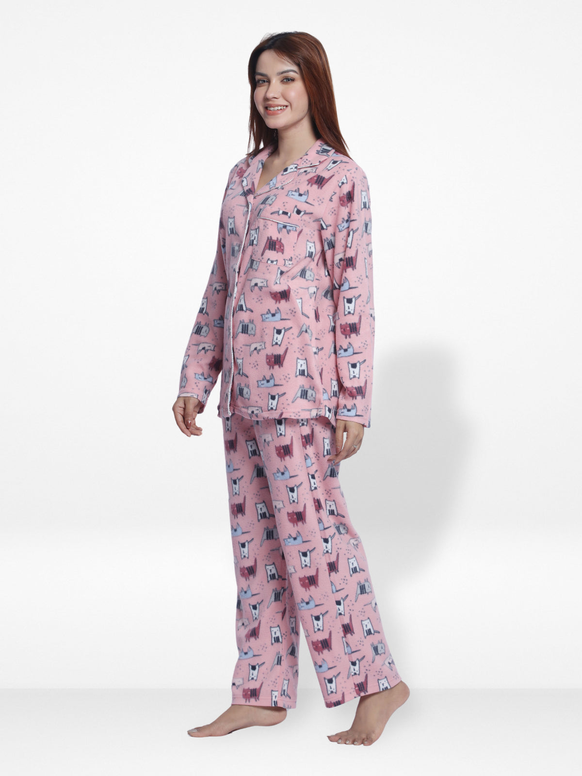 WomenMicro Polar Fleece Pink Cat print Sleepwear Long Sleeve Pyjama Set