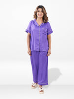 Satin Pajama Set for Women - Contrast Piping, Notch Collar, Button Down, Short Sleeve Long Pant & Sleep Eye Mask
