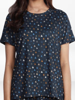 Women’s All Over Printed Short Sleeve Lounge Top | Soft Stretch Yummy Rib Fabric | Crew Neck Casual Sleepwear & Loungewear Top - Navy