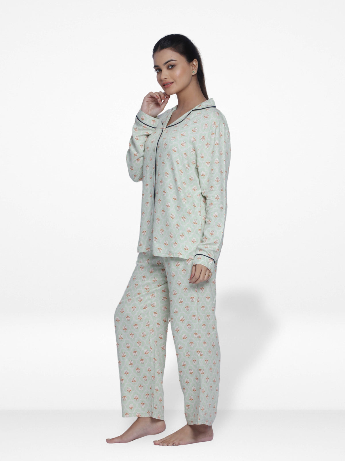Women Light GreenSleepwear Long Sleeve Pyjama Set